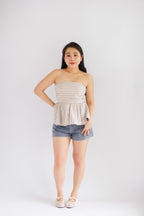 Miss Aria Stripes Ruched Peplum Tube Top in Light Khaki