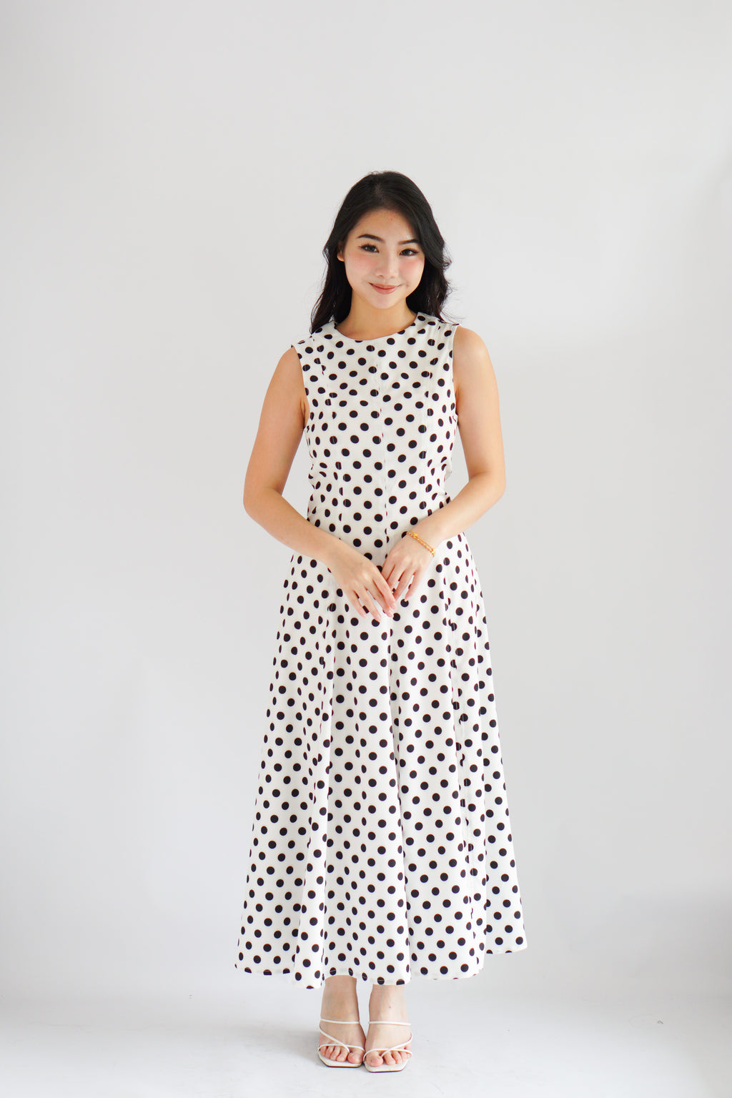 (BACKORDER) Metra High Neck Polkadot Maxi Dress in White