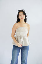 Miss Aria Stripes Ruched Peplum Tube Top in Light Khaki