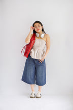 Miss Aria Stripes Ruched Peplum Tube Top in Light Khaki