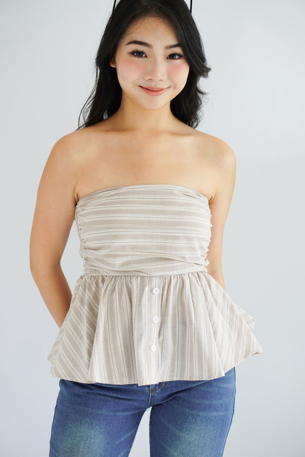 Miss Aria Stripes Ruched Peplum Tube Top in Light Khaki