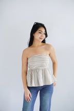 Miss Aria Stripes Ruched Peplum Tube Top in Light Khaki