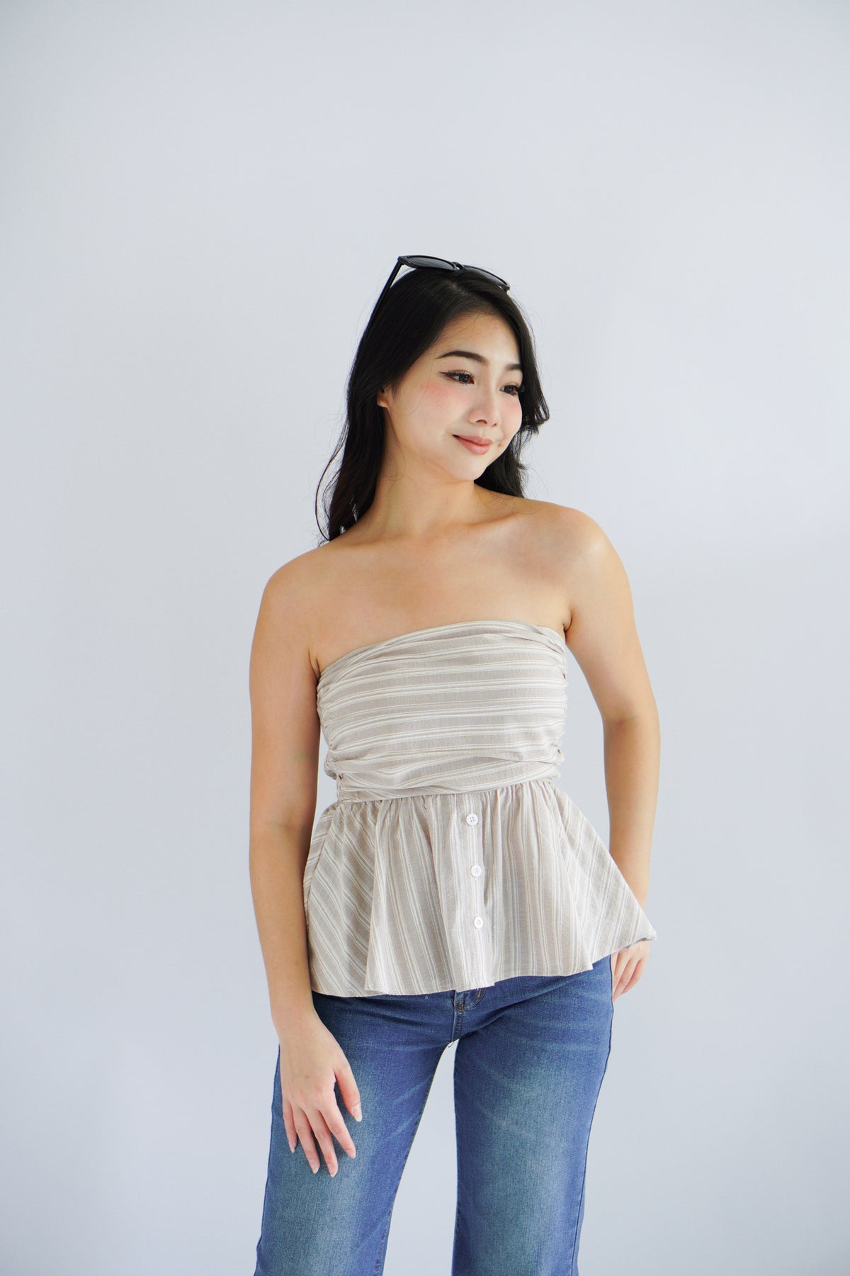 Miss Aria Stripes Ruched Peplum Tube Top in Light Khaki