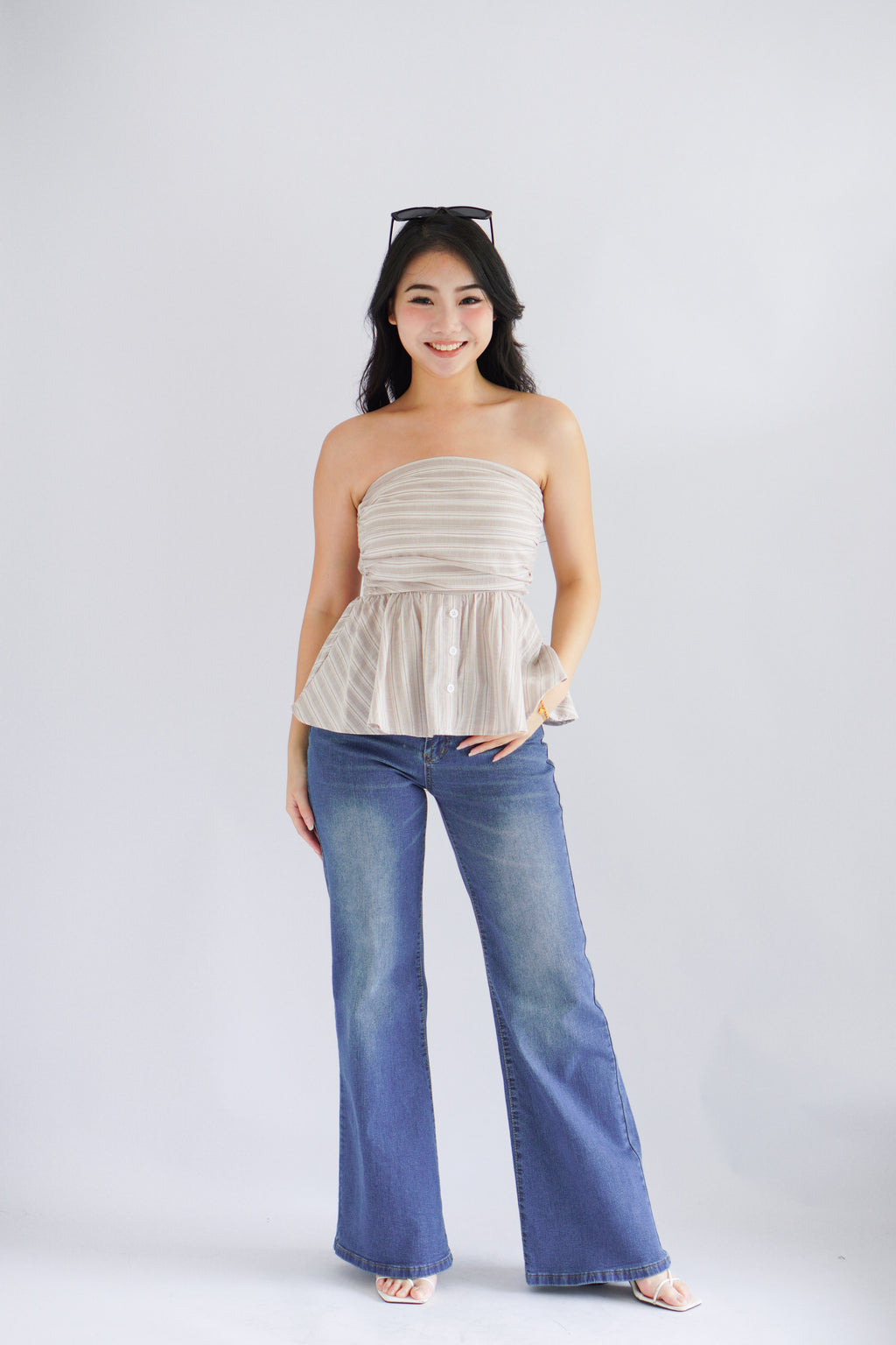 Miss Aria Stripes Ruched Peplum Tube Top in Light Khaki
