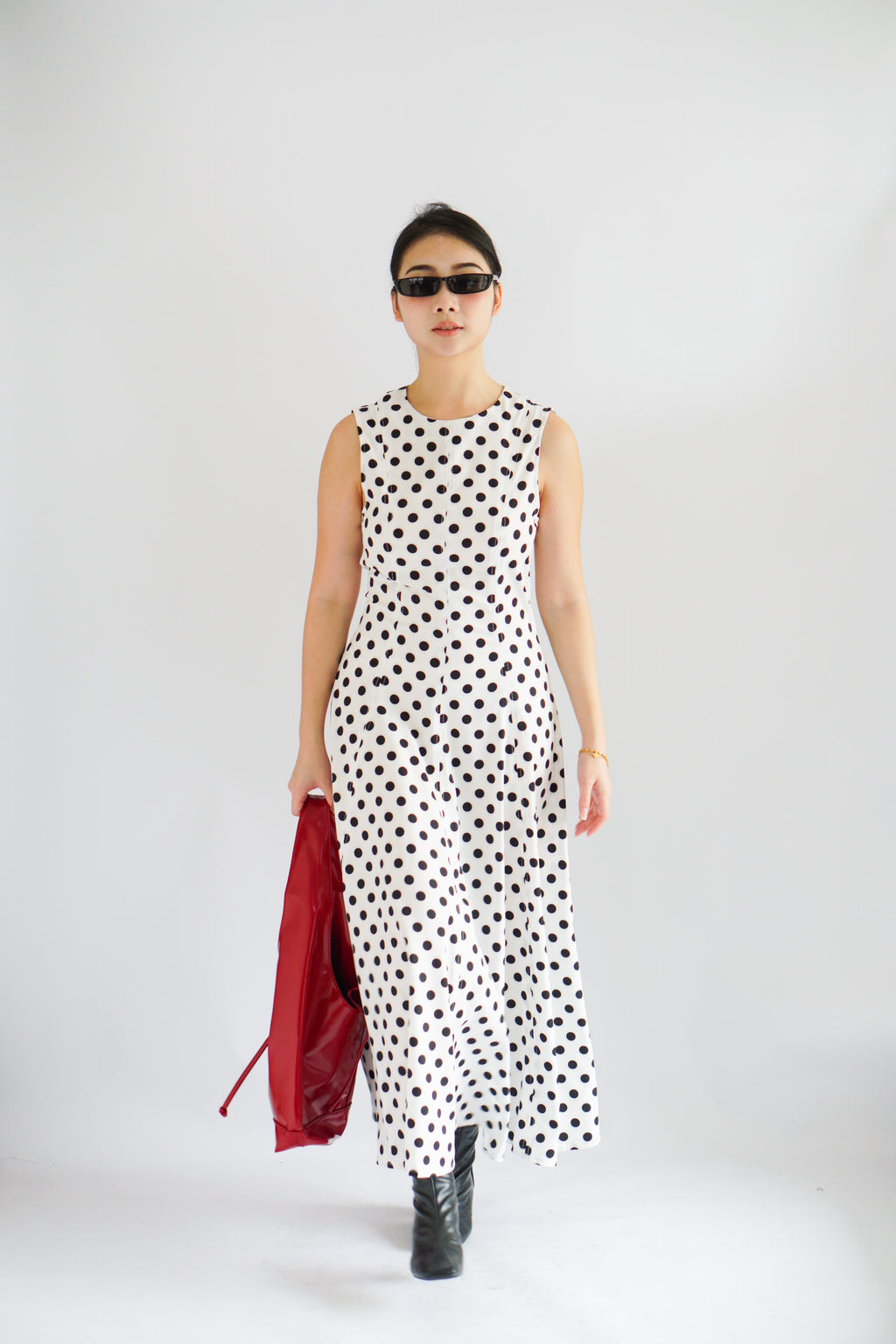 (BACKORDER) Metra High Neck Polkadot Maxi Dress in White