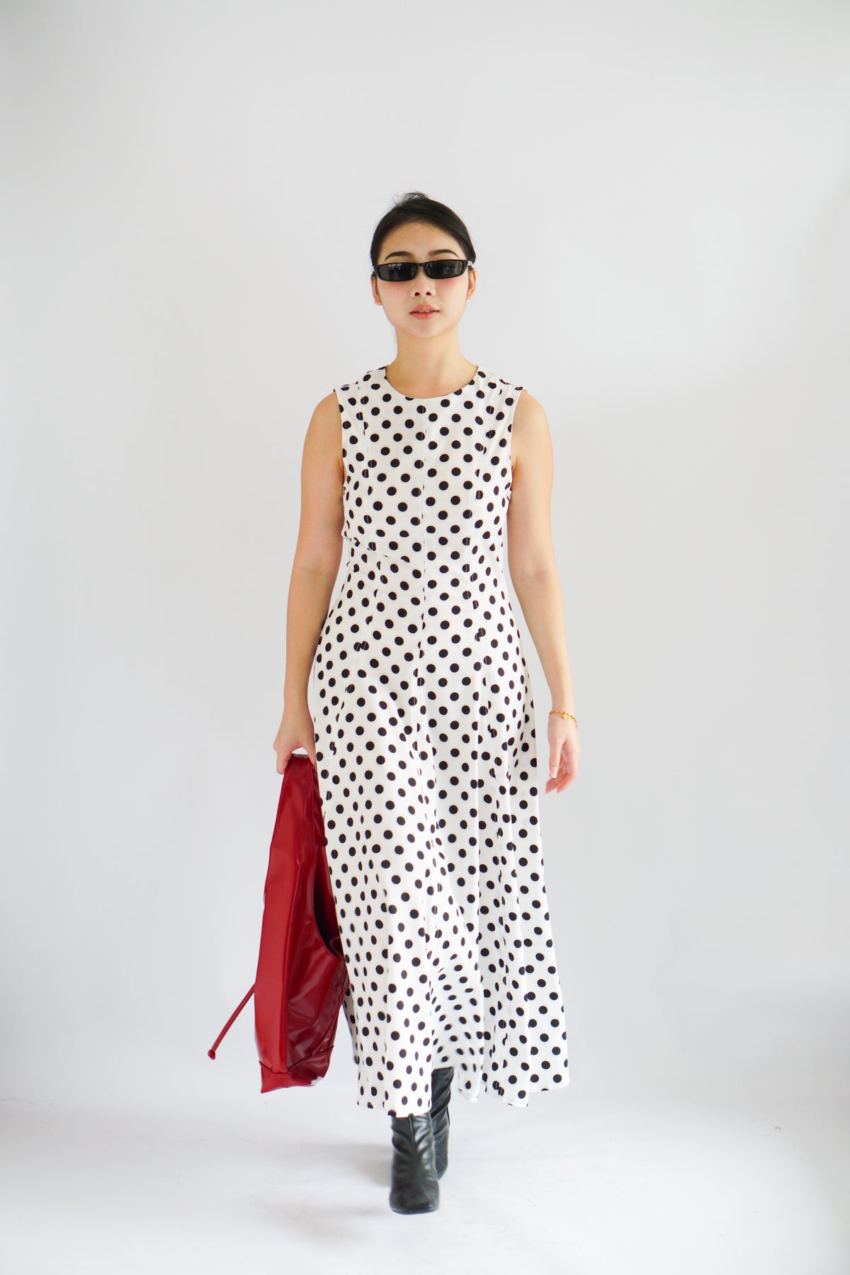 (BACKORDER) Metra High Neck Polkadot Maxi Dress in White