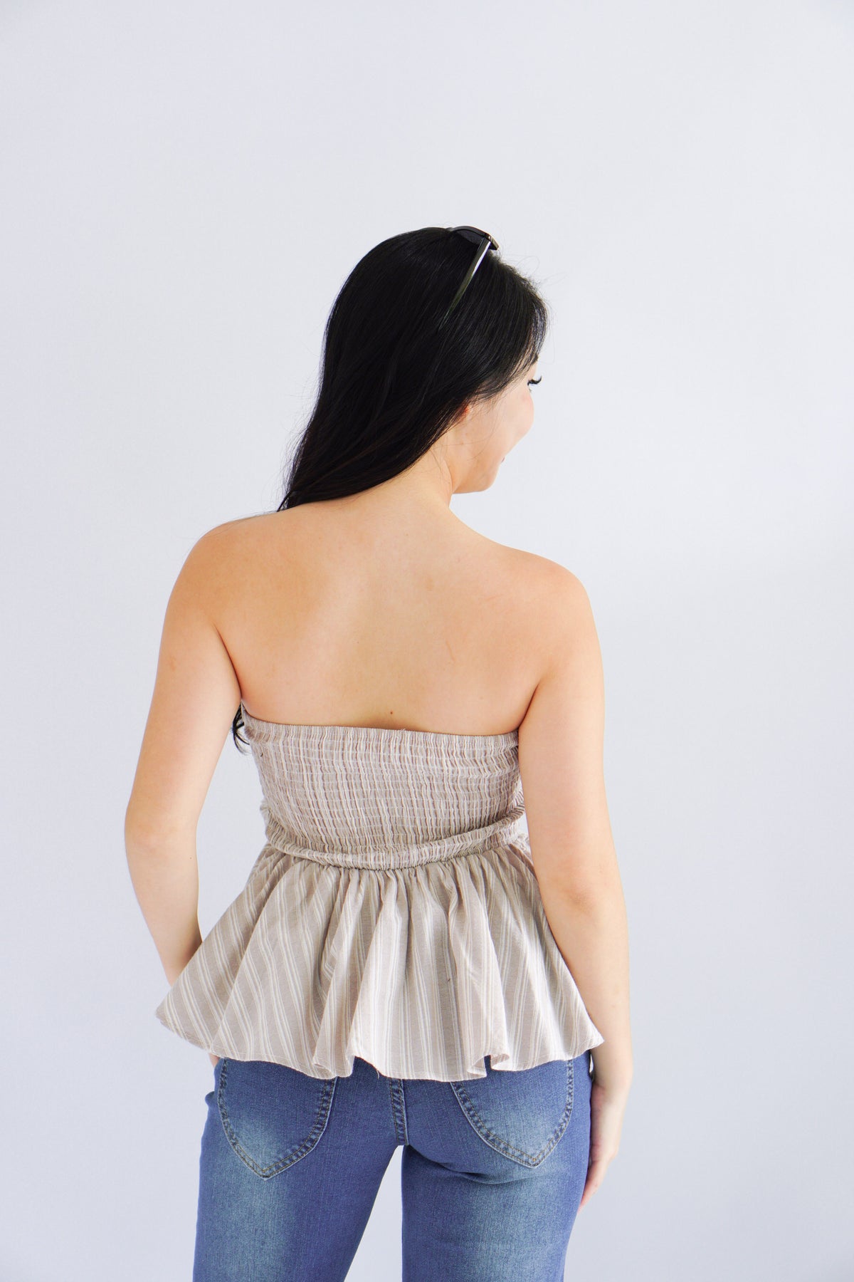Miss Aria Stripes Ruched Peplum Tube Top in Light Khaki