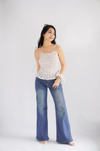 Tori Ribbed Polkadot High Neck Top in White with Scrunchie
