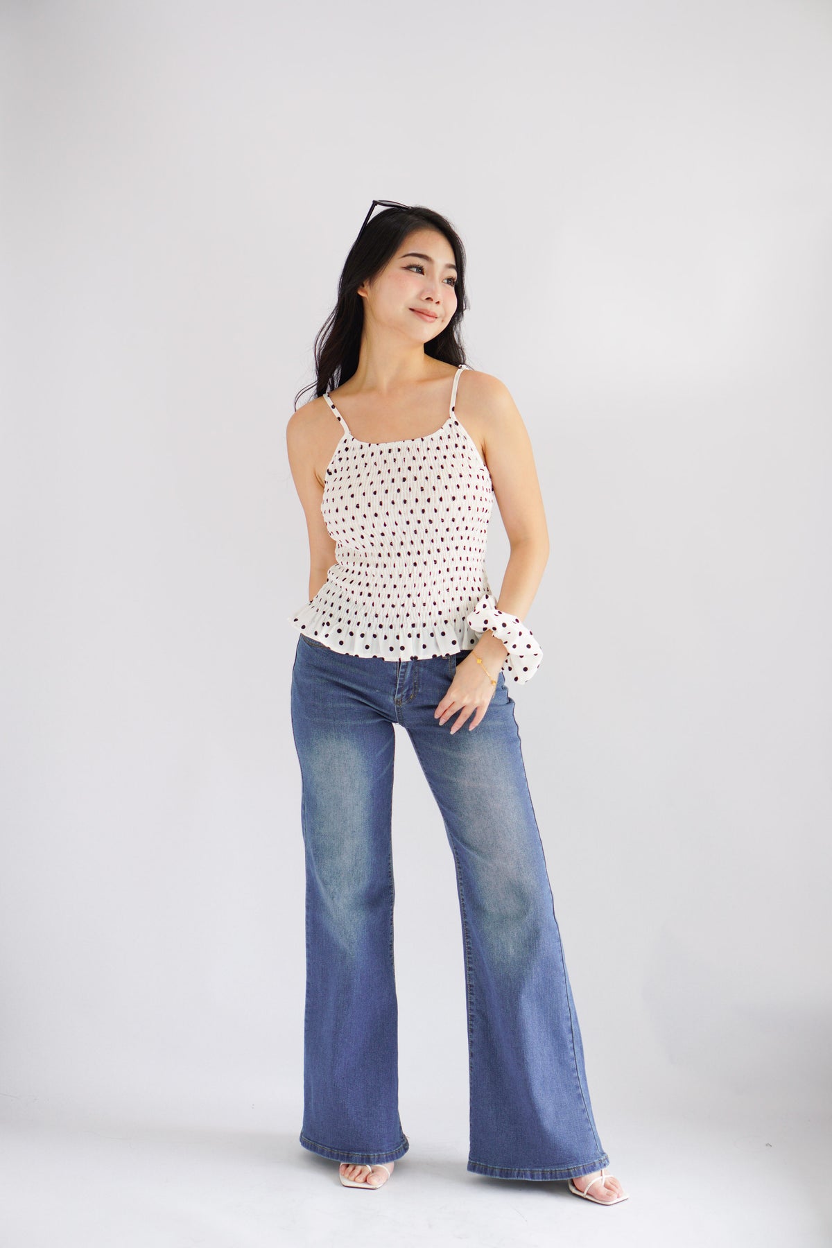 Tori Ribbed Polkadot High Neck Top in White with Scrunchie