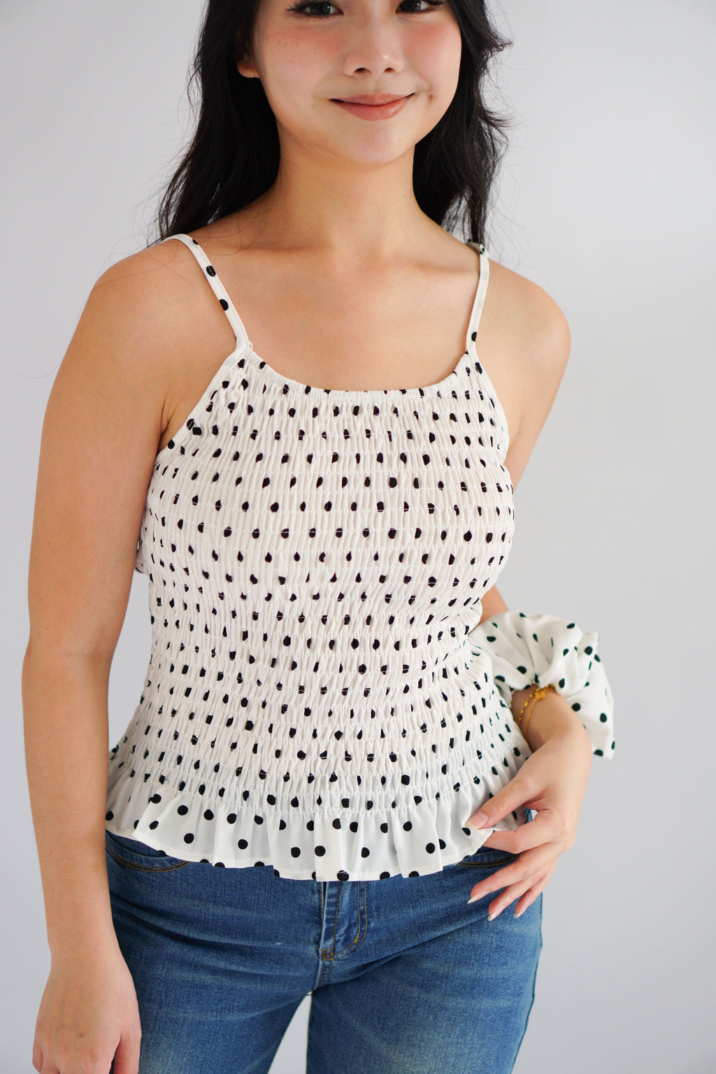 Tori Ribbed Polkadot High Neck Top in White with Scrunchie