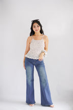 Tori Ribbed Polkadot High Neck Top in White with Scrunchie