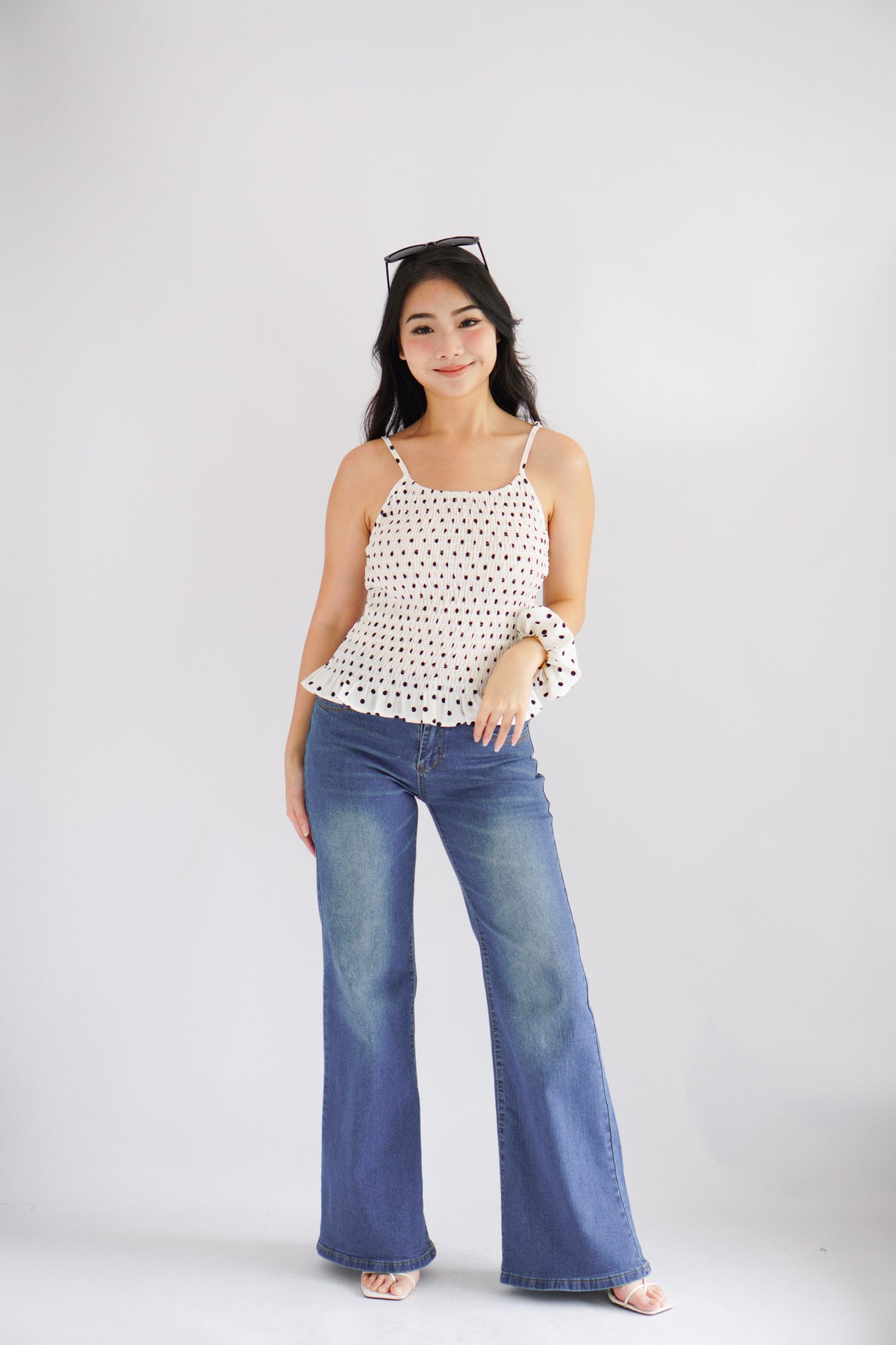 Tori Ribbed Polkadot High Neck Top in White with Scrunchie