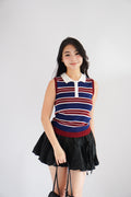 Parker Stripes Collar Sleeveless Button Top in Blue and Red