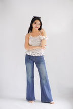 Tori Ribbed Polkadot High Neck Top in White with Scrunchie