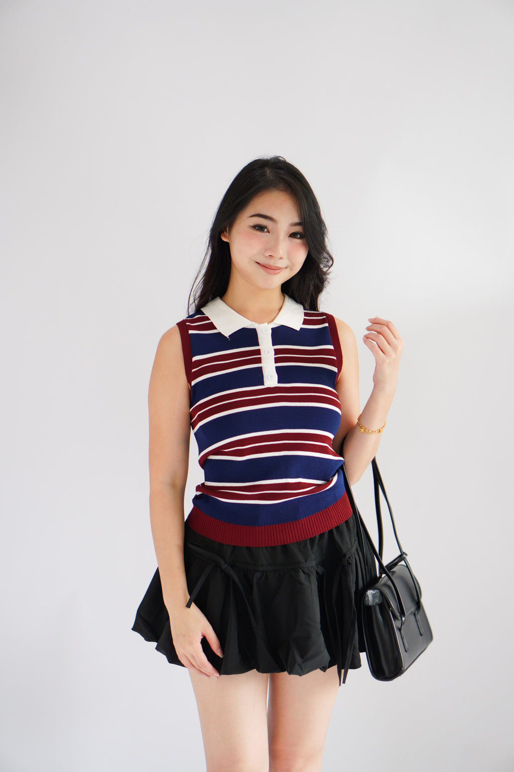 Parker Stripes Collar Sleeveless Button Top in Blue and Red