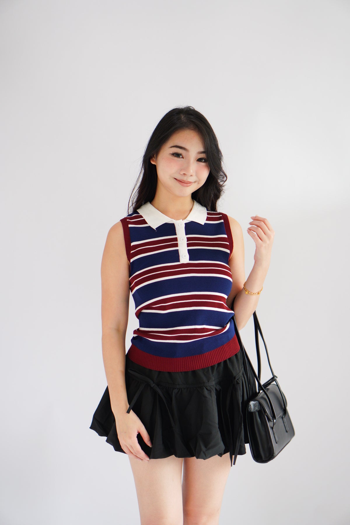 Parker Stripes Collar Sleeveless Button Top in Blue and Red