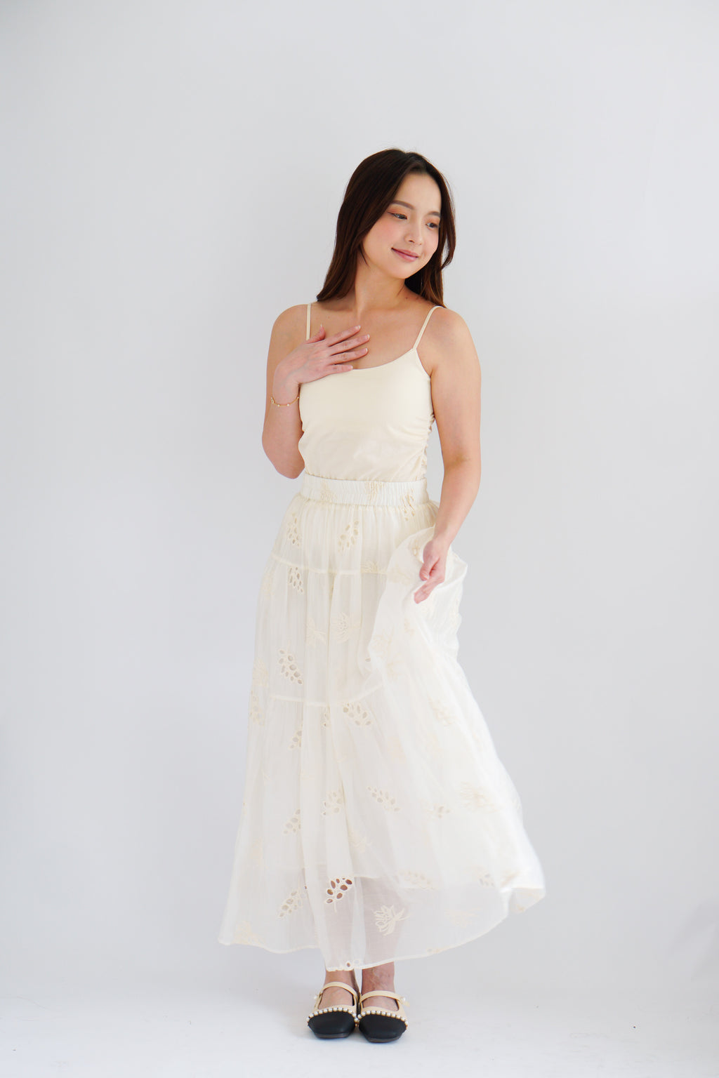 Erene Eyelet Lace Maxi Skirt in Cream