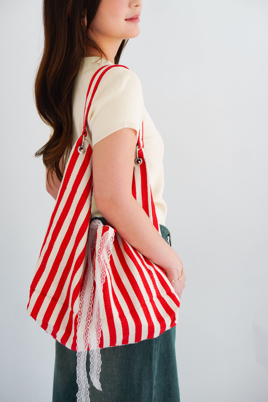 2 Way Stripes Tote Bag in Red