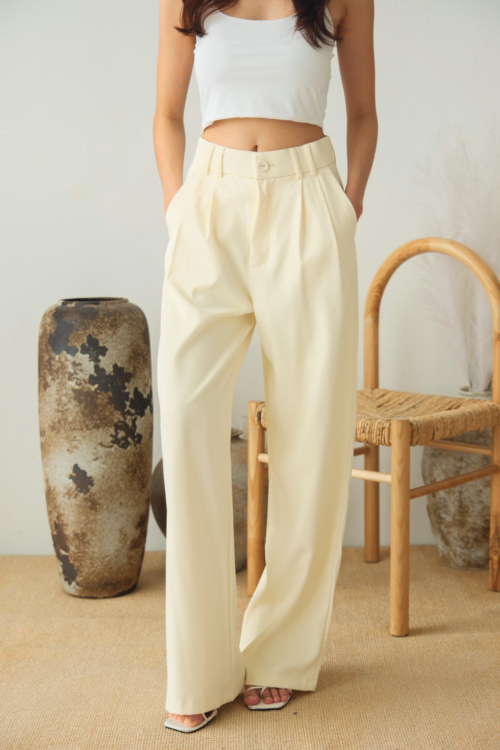 Clara Wide Legged Pants by Bash in Cream Yellow