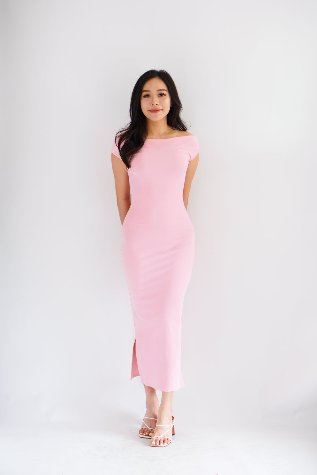 Renka Off Shoulder Ruched Bodycon Dress in Pink