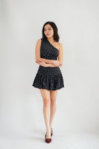 Lovynne Polkadot Toga Mini Layered Dress in Black