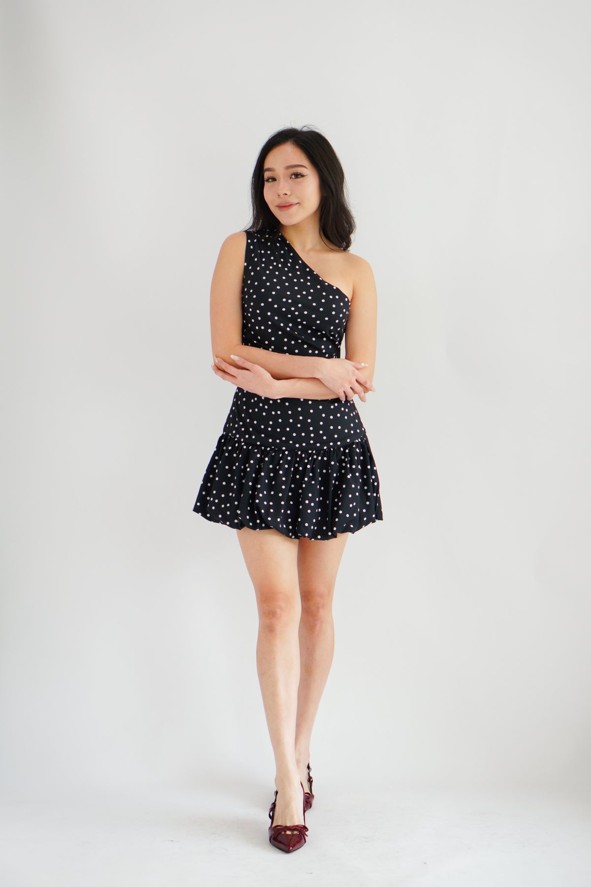 Lovynne Polkadot Toga Mini Layered Dress in Black