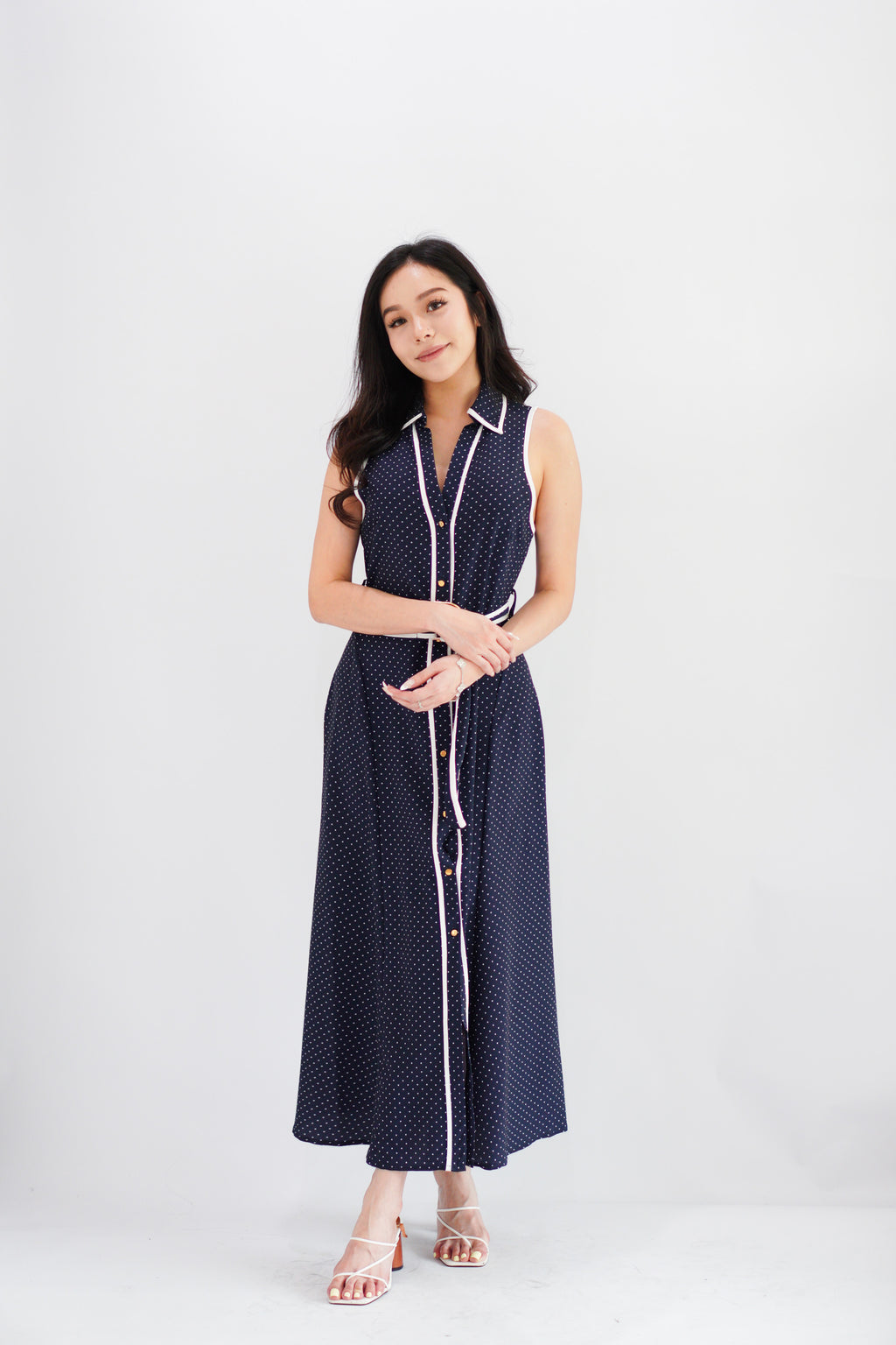 Vannah Collar Tie-Waist Sleeveless Polkadot Maxi Dress in Dark Blue