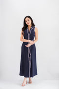 Vannah Collar Tie-Waist Sleeveless Polkadot Maxi Dress in Dark Blue