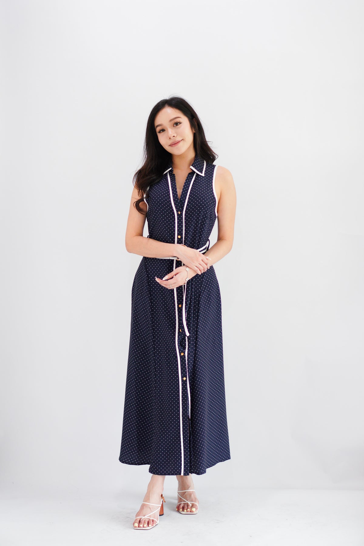 Vannah Collar Tie-Waist Sleeveless Polkadot Maxi Dress in Dark Blue