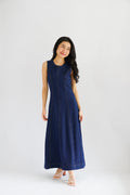 Vica Denim Boat Neck Maxi A-line Dress in Blue