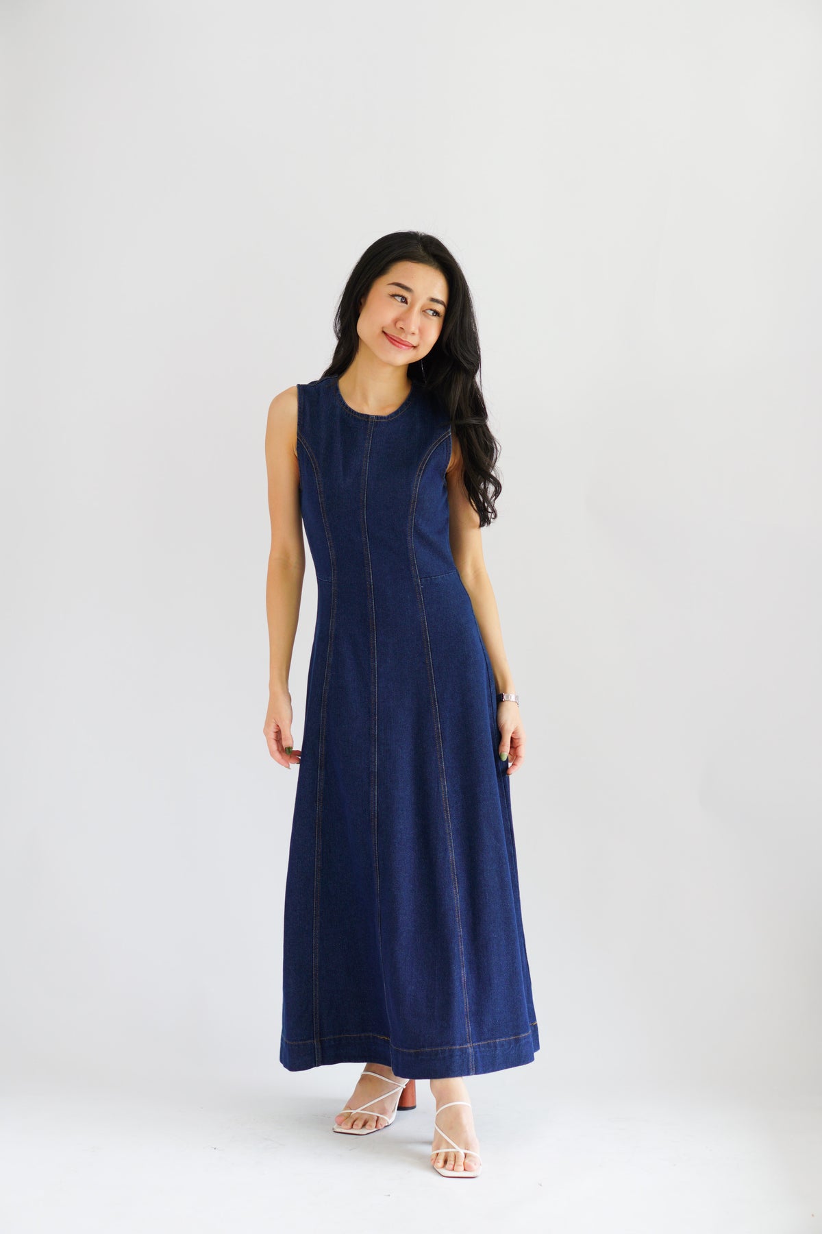 Vica Denim Boat Neck Maxi A-line Dress in Blue