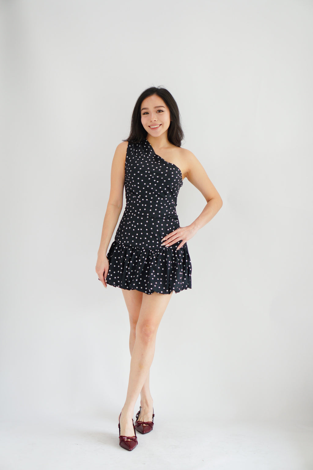 Lovynne Polkadot Toga Mini Layered Dress in Black