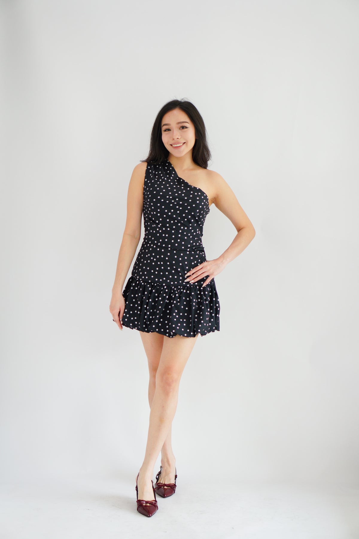 Lovynne Polkadot Toga Mini Layered Dress in Black