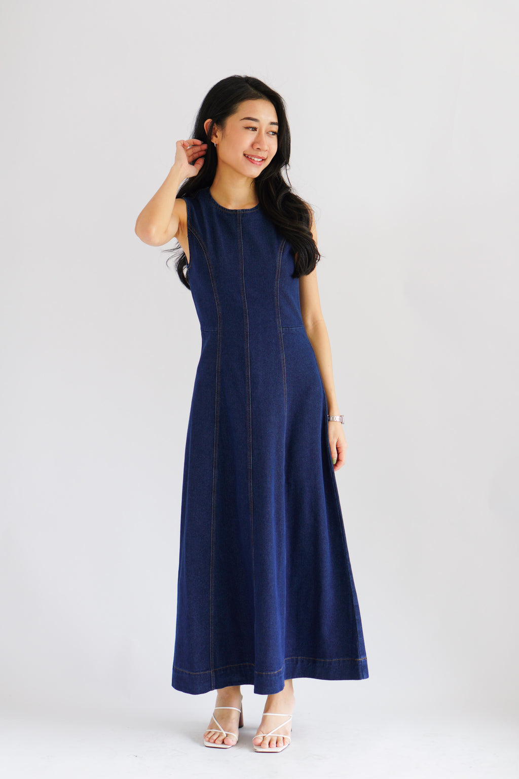 Vica Denim Boat Neck Maxi A-line Dress in Blue