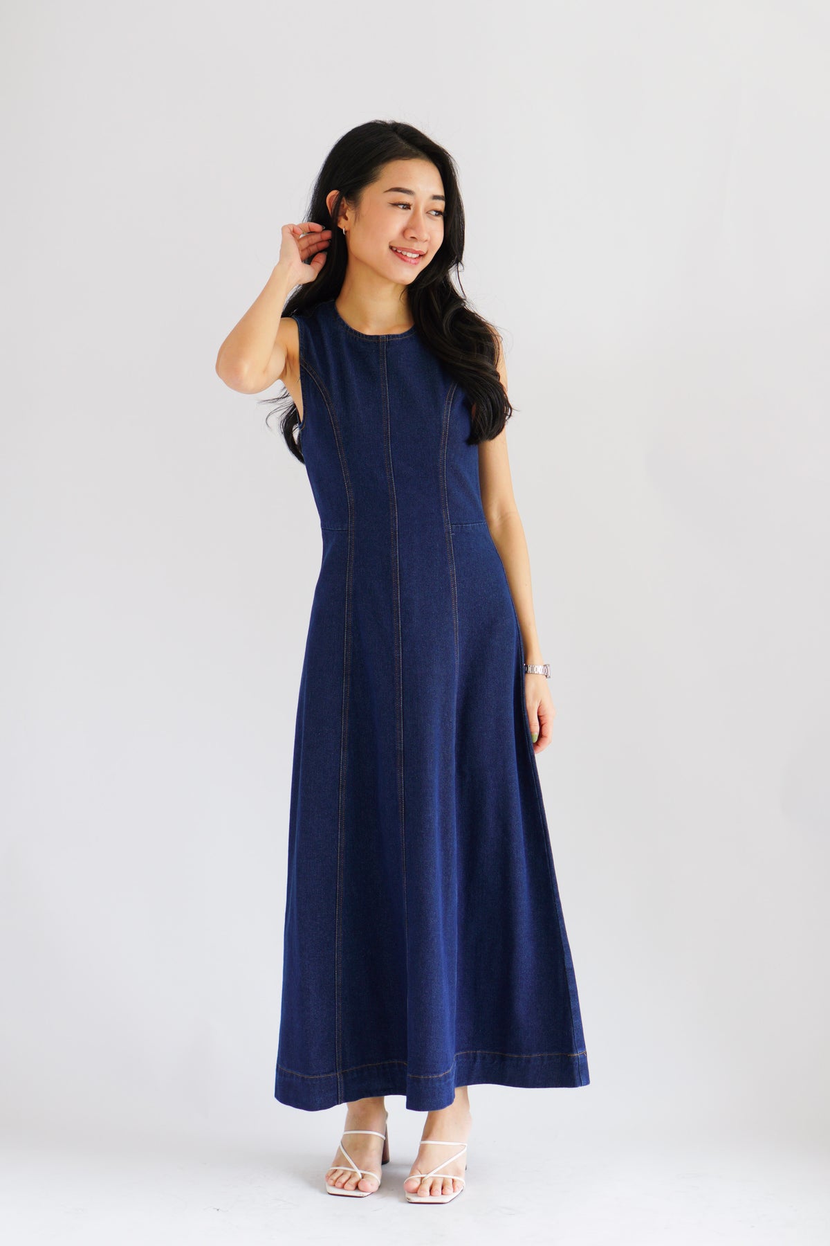 Vica Denim Boat Neck Maxi A-line Dress in Blue