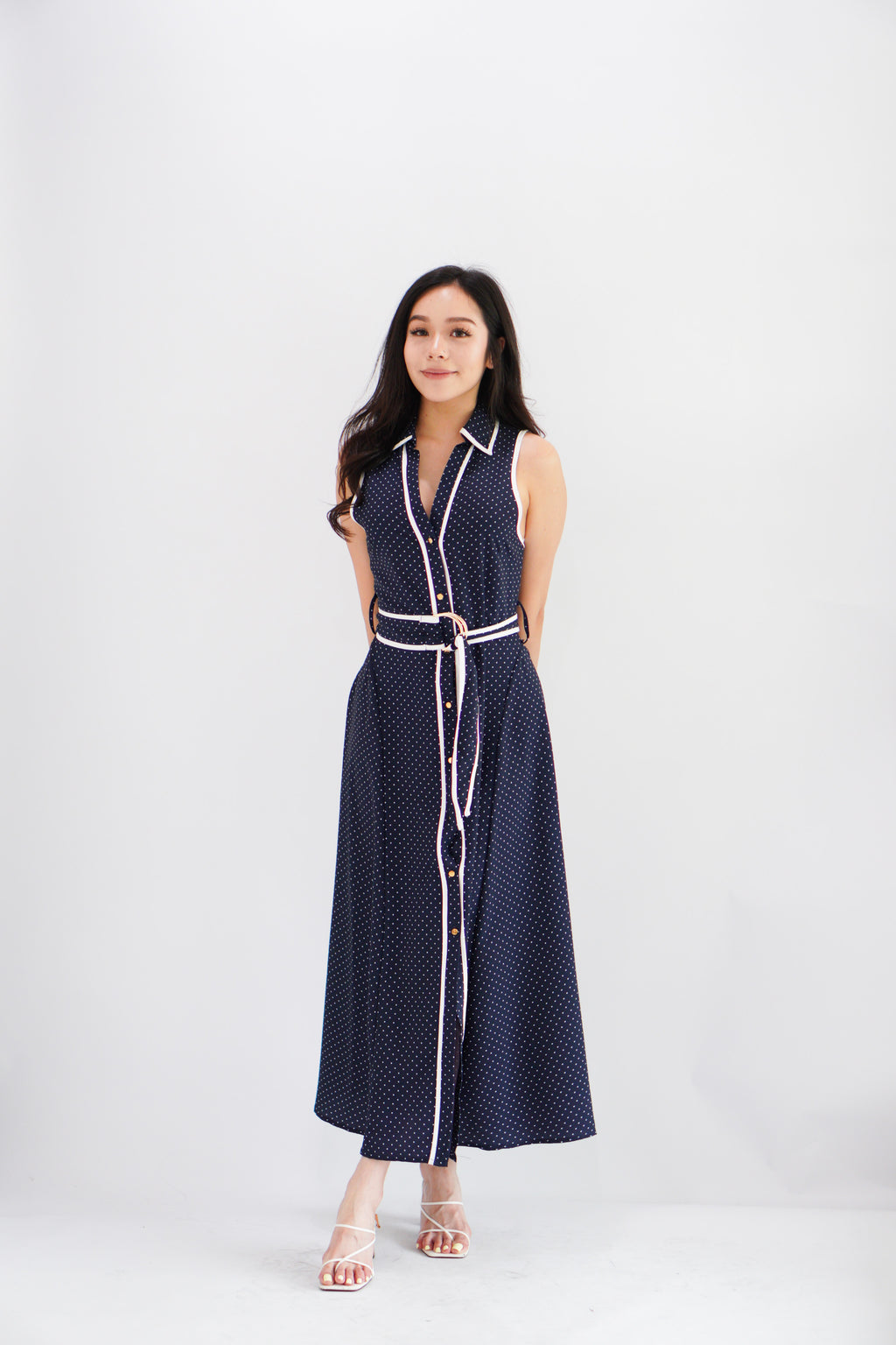 Vannah Collar Tie-Waist Sleeveless Polkadot Maxi Dress in Dark Blue