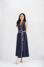 Vannah Collar Tie-Waist Sleeveless Polkadot Maxi Dress in Dark Blue