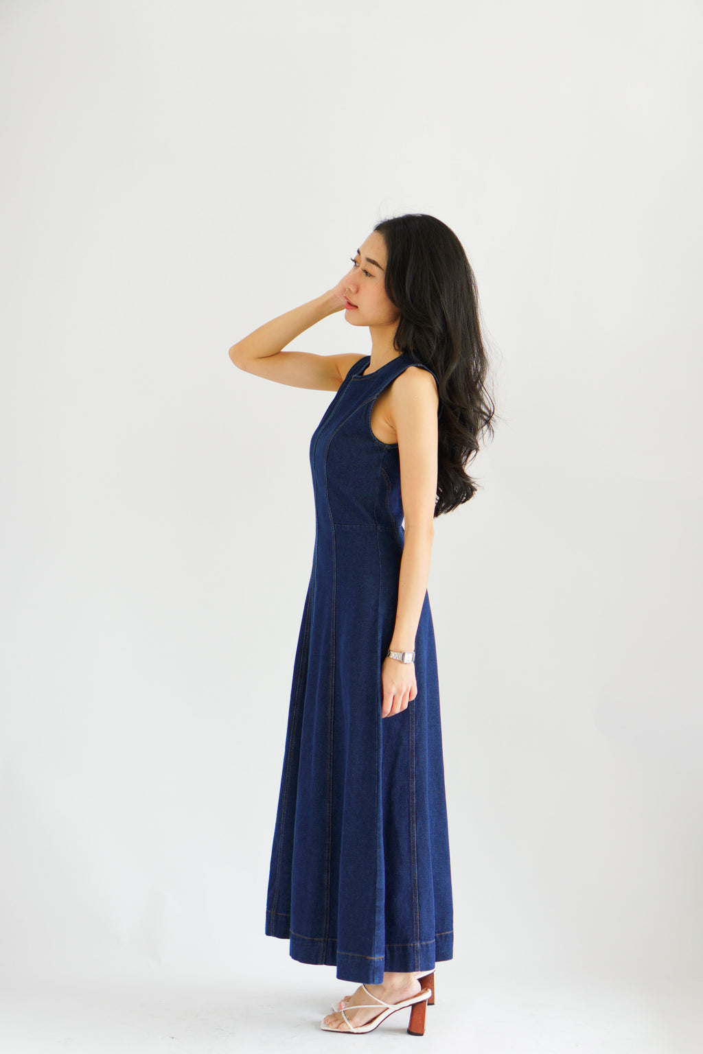 Vica Denim Boat Neck Maxi A-line Dress in Blue