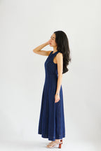 Vica Denim Boat Neck Maxi A-line Dress in Blue