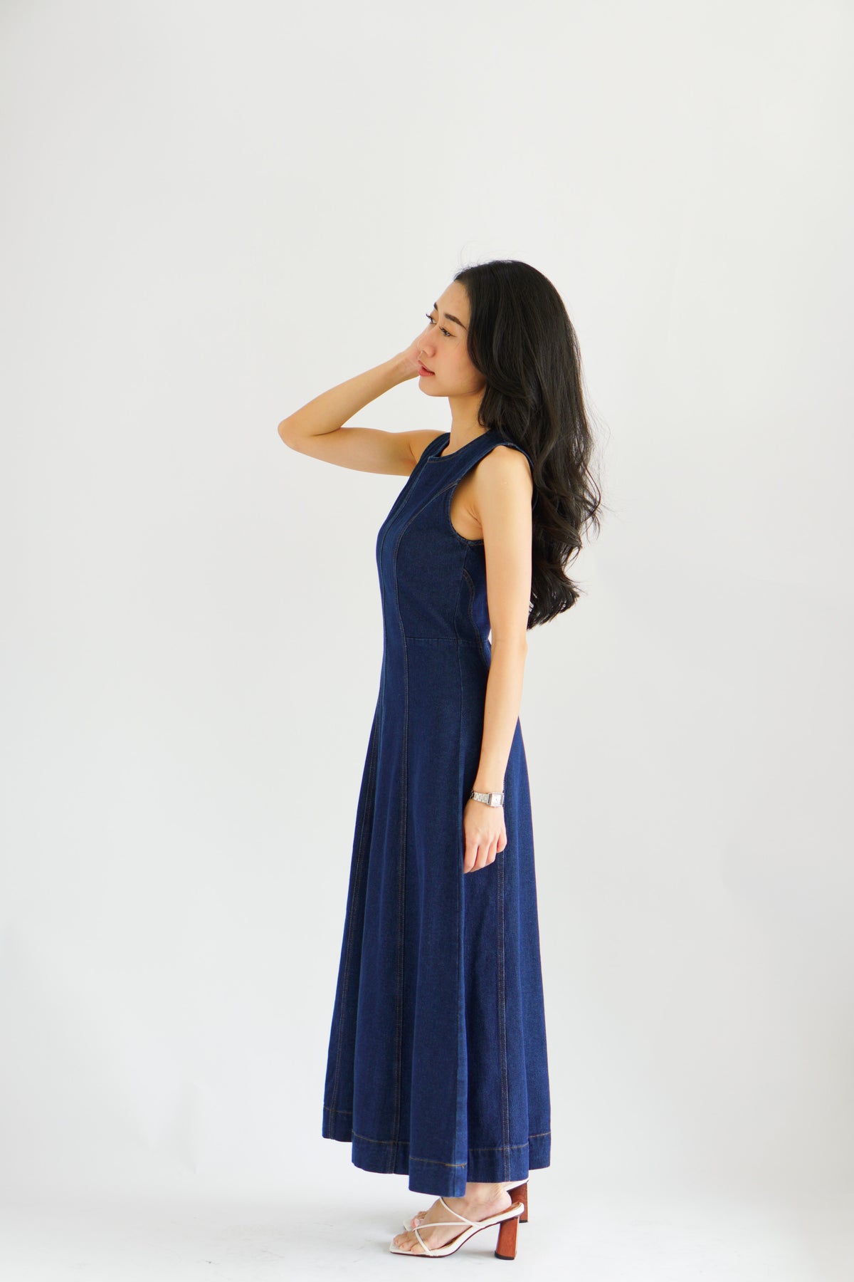 Vica Denim Boat Neck Maxi A-line Dress in Blue