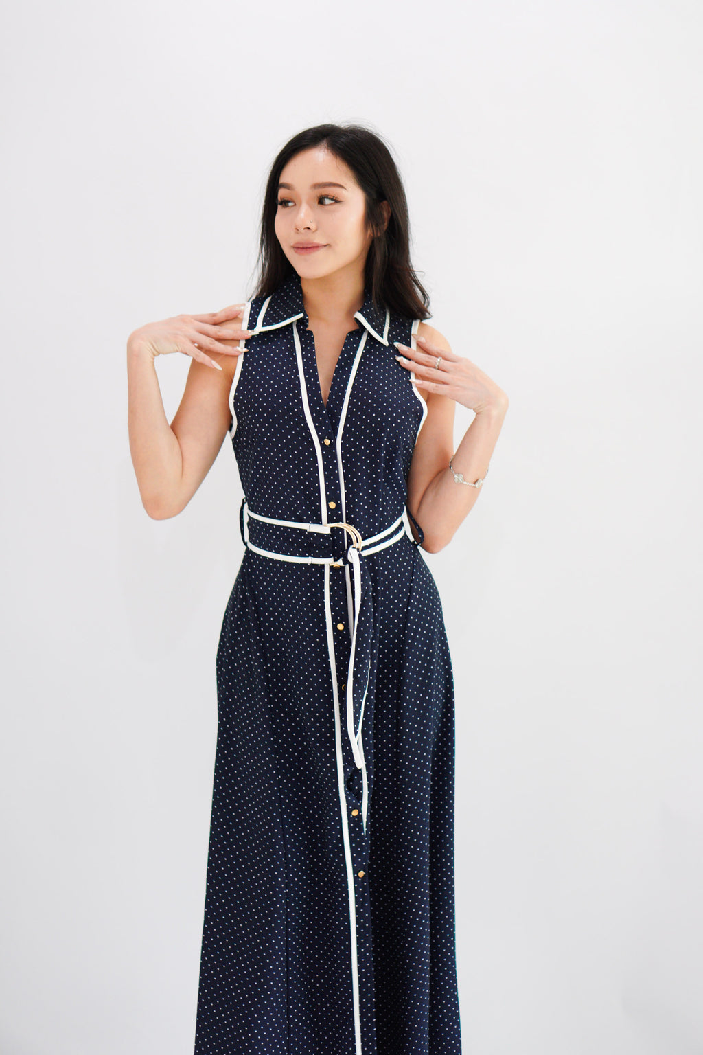 Vannah Collar Tie-Waist Sleeveless Polkadot Maxi Dress in Dark Blue