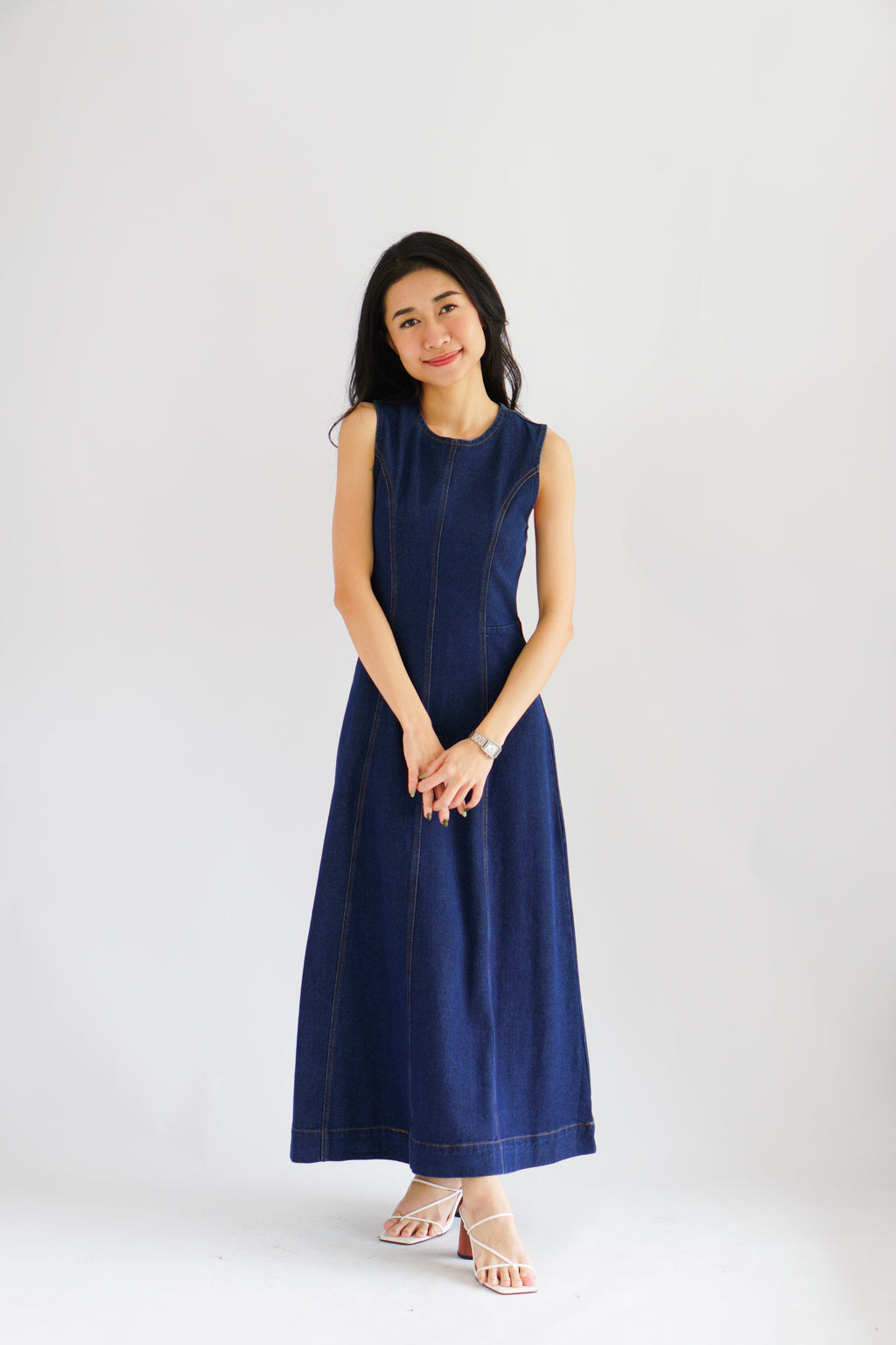 Vica Denim Boat Neck Maxi A-line Dress in Blue