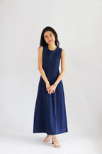 Vica Denim Boat Neck Maxi A-line Dress in Blue