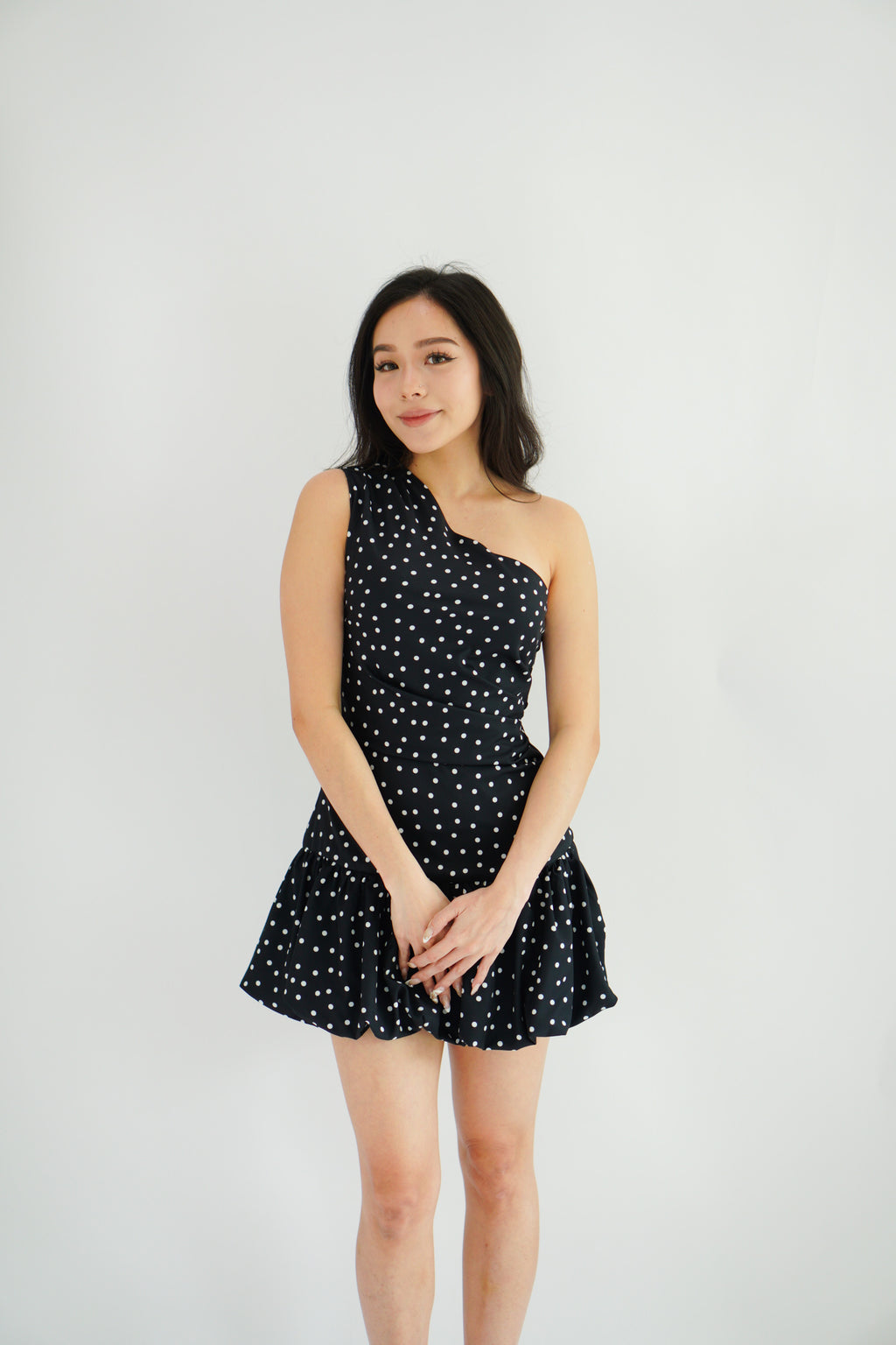 Lovynne Polkadot Toga Mini Layered Dress in Black
