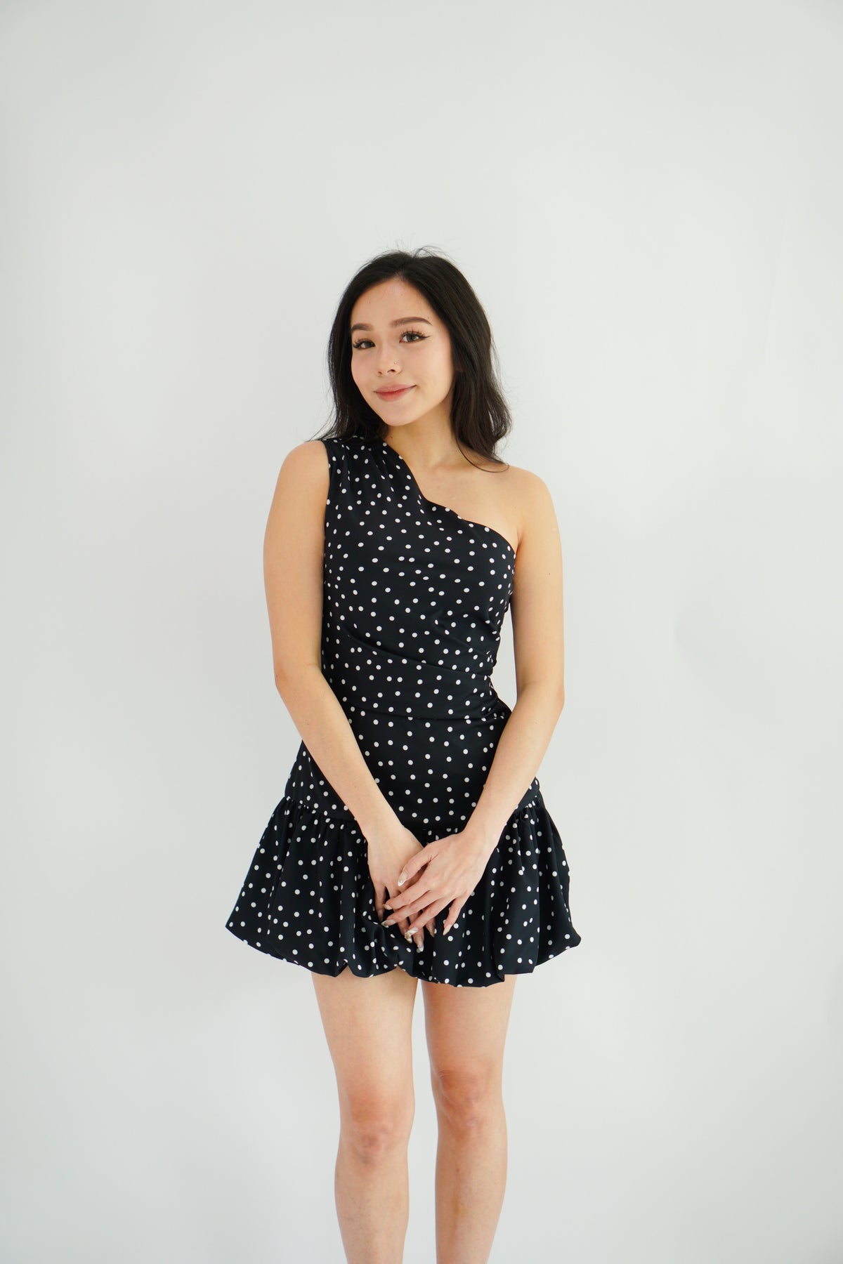 Lovynne Polkadot Toga Mini Layered Dress in Black