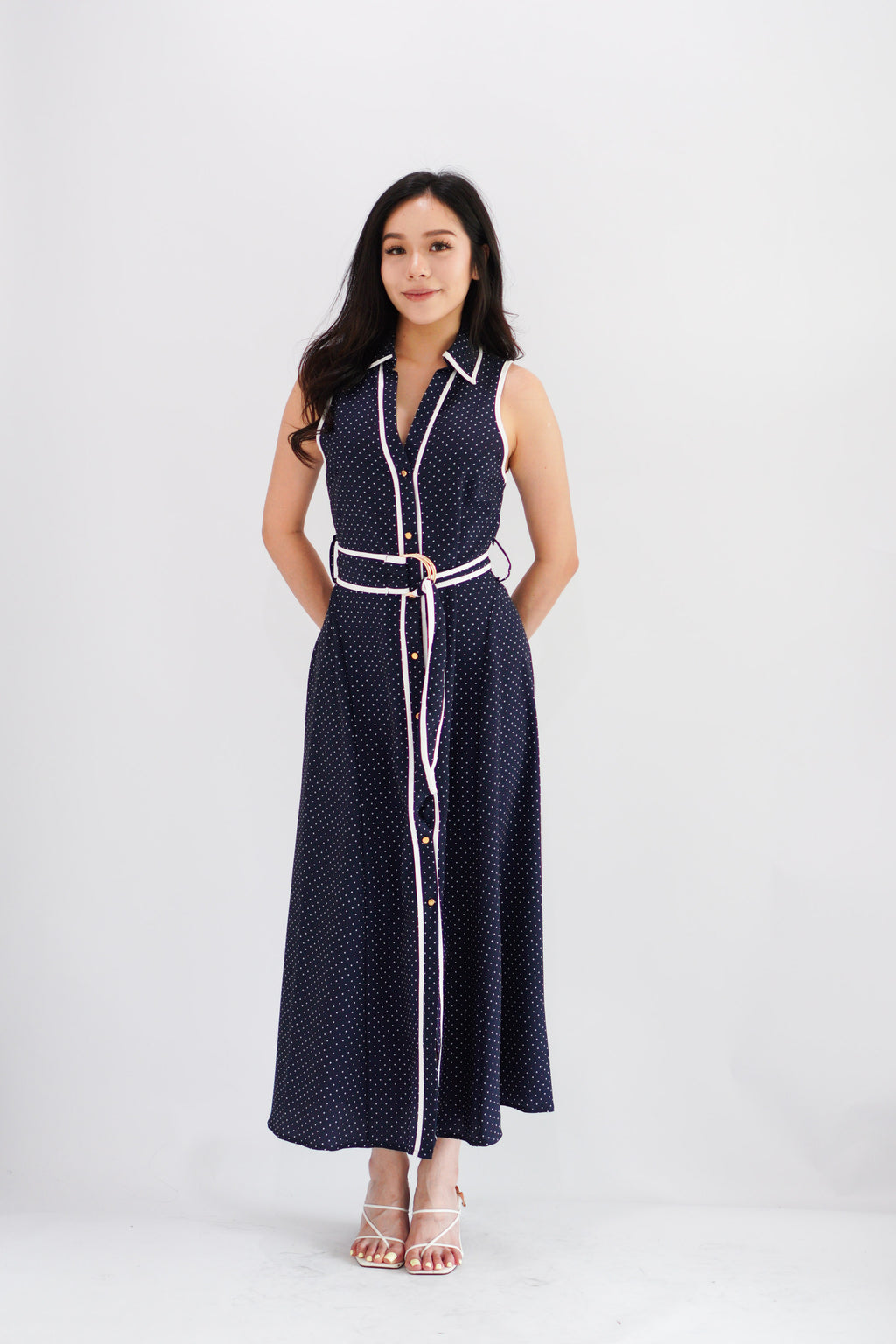 Vannah Collar Tie-Waist Sleeveless Polkadot Maxi Dress in Dark Blue