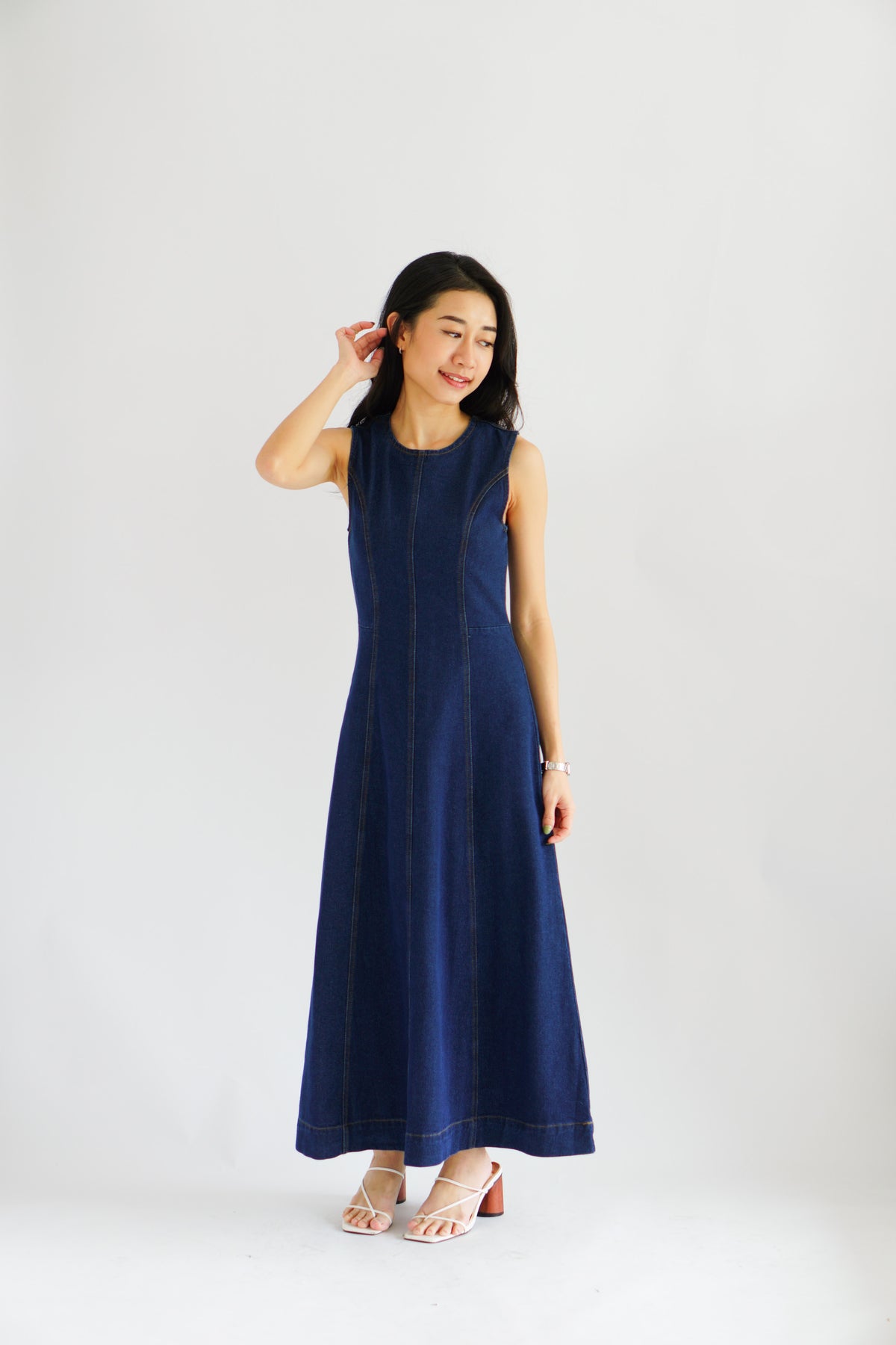 Vica Denim Boat Neck Maxi A-line Dress in Blue