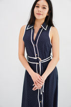 Vannah Collar Tie-Waist Sleeveless Polkadot Maxi Dress in Dark Blue