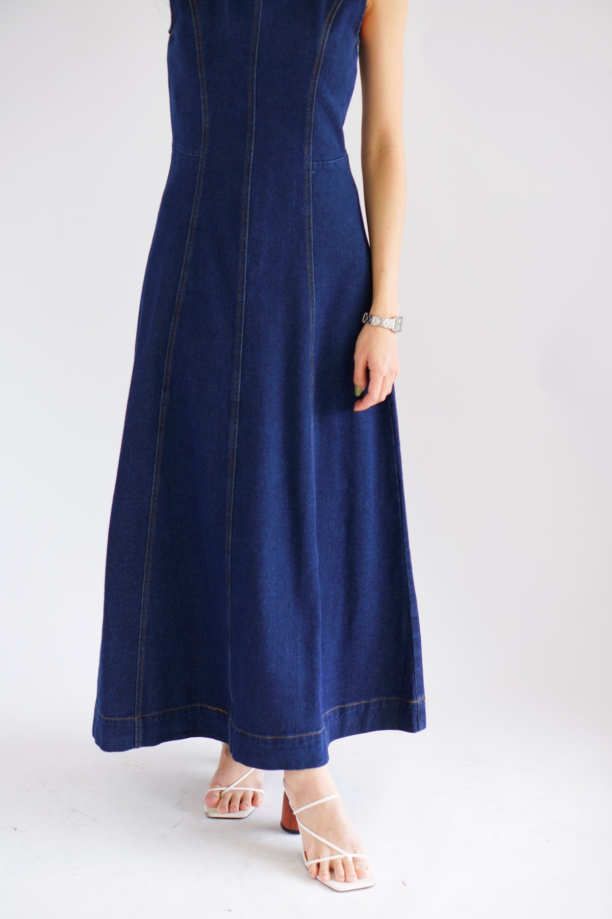 Vica Denim Boat Neck Maxi A-line Dress in Blue