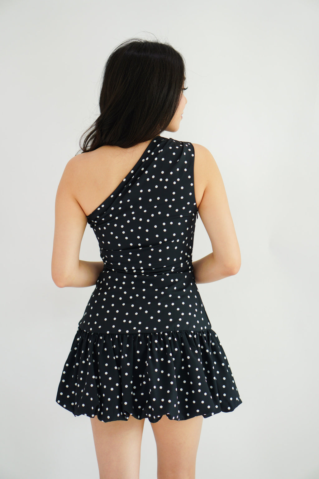 Lovynne Polkadot Toga Mini Layered Dress in Black